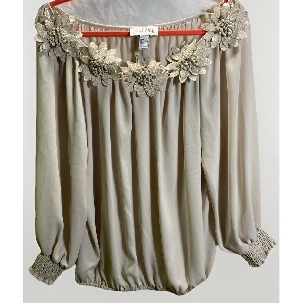 Elegant Off Shoulder Joseph Ribkoff Womens Blouse Champagne Floral Detail Sz 8